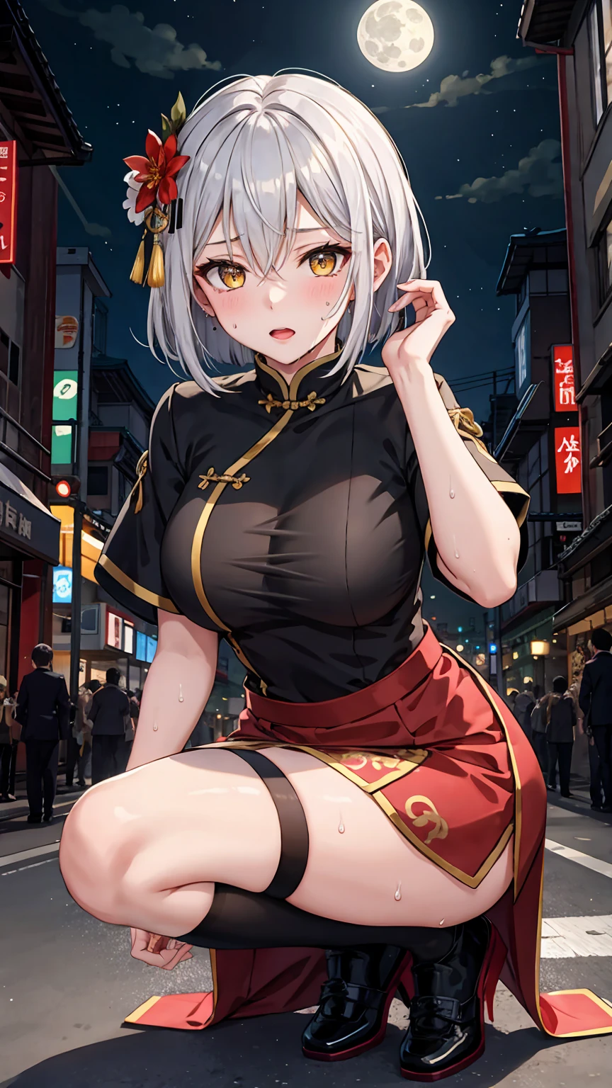 young girl 16 years old, short silver bob hair, hair flower, sharp bangs between the eyes, yellow eyes, eyes large, provocative look, obscene expression, notable physical features, traditional chinese imperial clothes black with gold details, red skirt, black thigh high socks., half-sided angle, crouched in the street. japanese city, outdoor city, city at night, with full moon in the background, light reflecting on the sexy and sweaty body. (((sweat))) (work of art:1.2,) (best qualityer.)