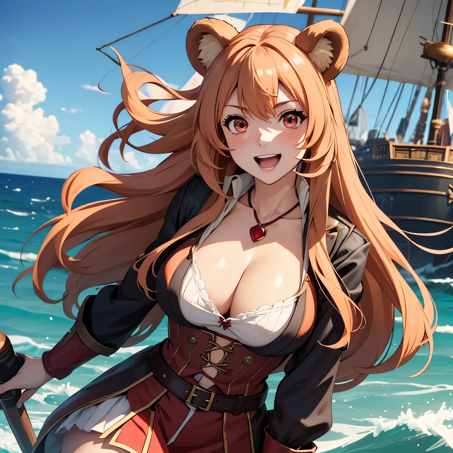 raphtalia, 25 year old woman. blonde hair red tips of her hair. red whores., red eyes like rubies ,bear ears, big breasts, blush, happy smile, Open mouth, dressed as a pirate, pirate captain clothing, neckline, background a pirate ship in the middle of the ocean. floating hair, mature face. neckline,