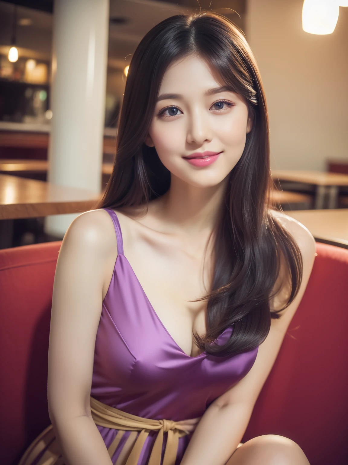 ((best quality, 8K, masterpiece: 1.3)), beautiful woman, pure, melon face, kind and cute, sweet smile, pure desire, slender body, (tilted head), ((looking at camera)), pure desire, Wearing a transparent purple color short dress, black silky long hair, long flowing shoulders, round black big eyes, clear big eyes, moist red lips, sweet, sitting in a lounge decorated with cafe background, 28 years old, ((waist shot)), ((Random body direction)),