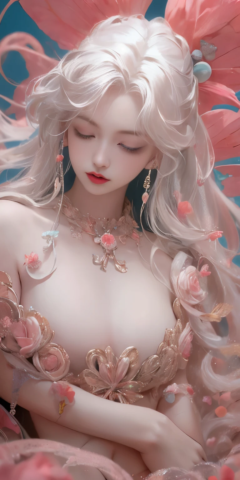 Light blue and red color scheme， nipple，little body，，White curly hair, high detail, best quality, supper detail, detail eyes, 5/6 body, pink pussy, sleeping