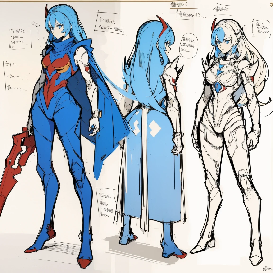 (((full body photo))), red blue and white color, femboy wearing a lightly armoured body suit, sci-fi themes, chest armour, gundam, best quality, arte oficial, Sketch line diagram, eye blue, front view, back view, and side view of character, long hair