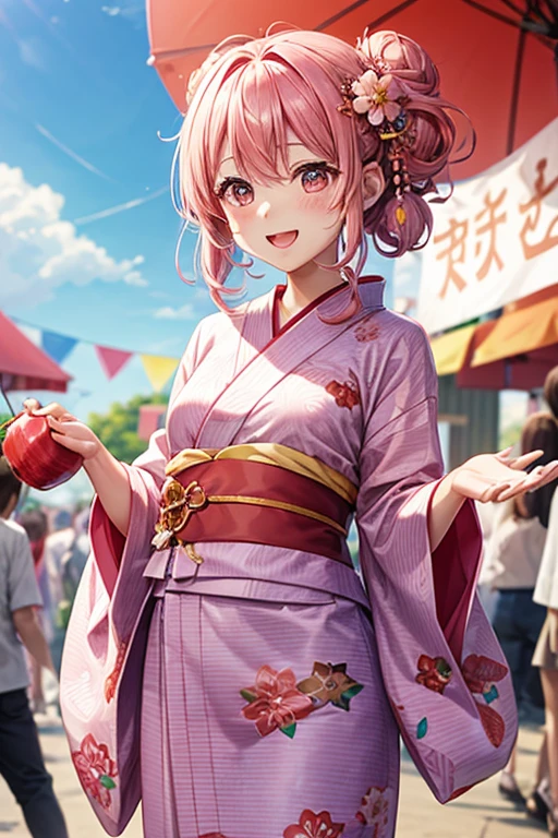 A woman wearing a yukata,hair_pink,Medium Hair,1つのお団子のhair型,hair飾り,巻きhair,pinkの目,pinkの浴衣_Floral,laughing,Mouth wide open,A very happy smile,Happy look,Candy apples,Summer festival,blush,Small ,,clear,,flat chest