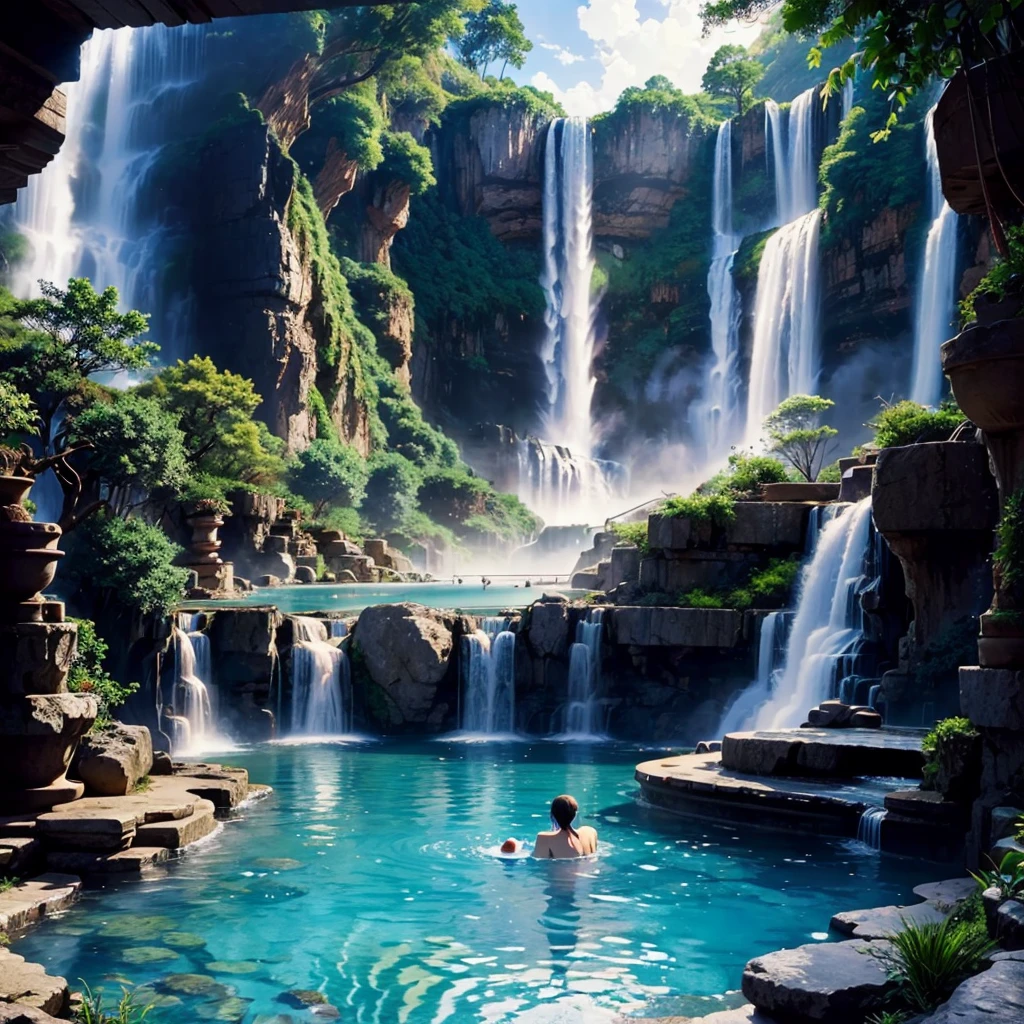 Best Quality，hot spring，Super huge open-air bath，Different world，masterpiece，Dream world，mysterious，Huge waterfall，8K，Anime Art，romantic，Amazing view，