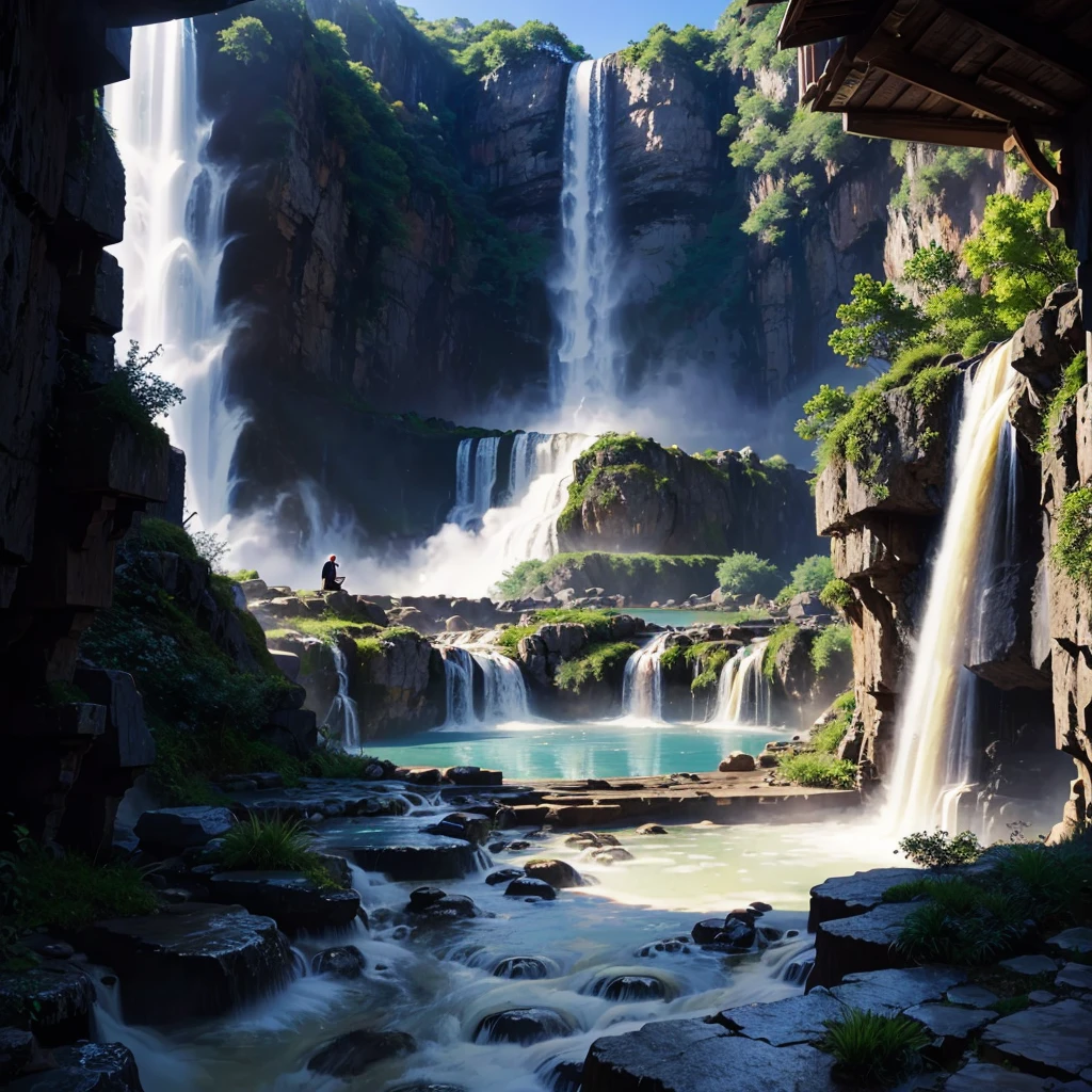 Best Quality,hot spring,Super huge open-air bath,Different world,masterpiece,Dream world,mysterious,Huge waterfall,8K,Anime Art,romantic,Amazing view,