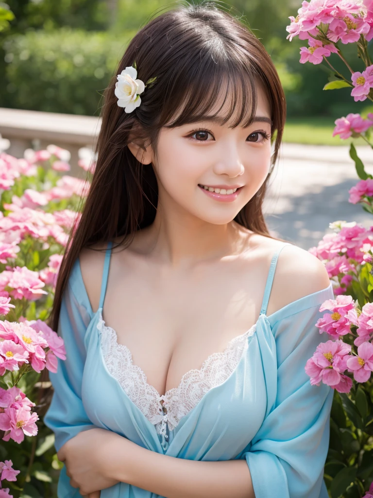High resolution、high resolution、surrounded by lots of flowers、Japanese Girl、beautiful、Beauty、cute、Big eyes、The breasts are very large、超High resolution, Superior Quality, Highest quality, Super detailed, Realistic, 8K, RAW Photos, Highest quality, masterpiece, Attractive girl, A wonderful girl, Sophisticated, smile