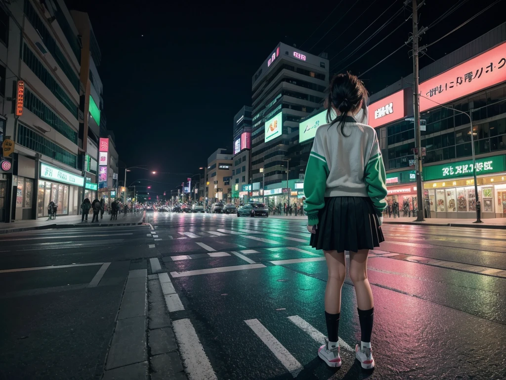 City landscape combination of Mexico and Japan modern avenue anime night neon lights, an anime girl alone in the middle of the street with her back covered in a green flag cardigan sweater, long skirt, high white socks and black shoes