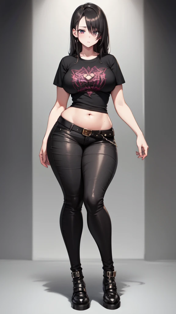 blank background, (((full body))), (masterpiece), ((best quality)), ((tall girl)), straight hair (curvy:1.5), (punk girl), shoes, belt below navel, black hair, wide hips, (black jeans), (short sleeves), arm tattoo