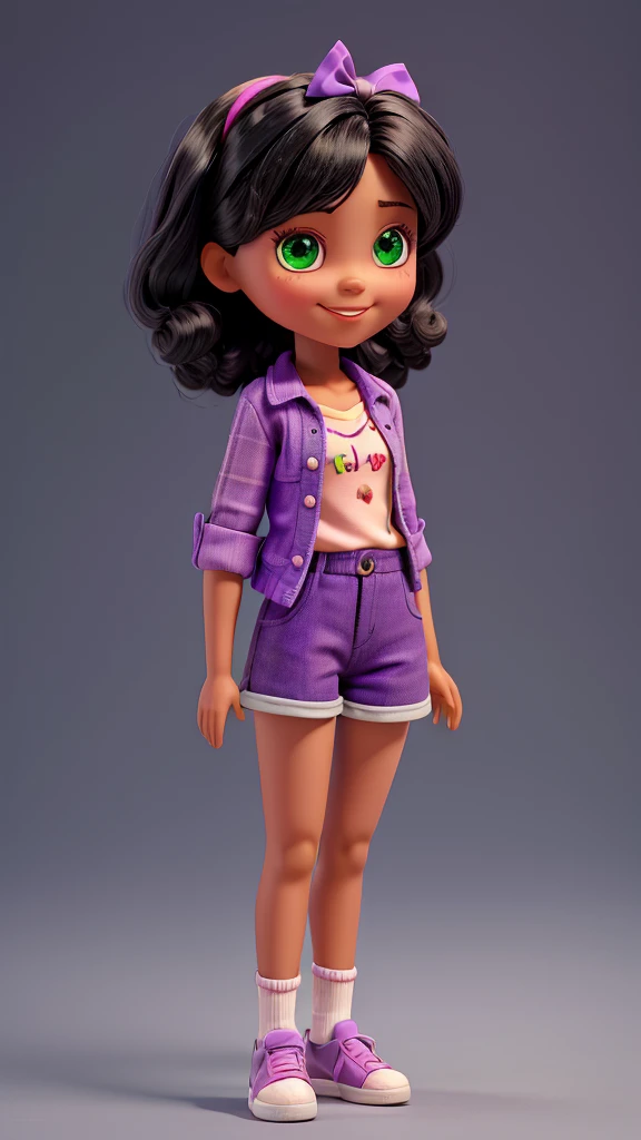 Pull style doll, with black hair, Grinning, light purple shirt, Green shorts, blue Shoe, red gloves, happy