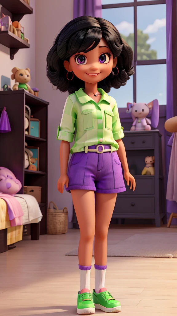 Pull style doll, with black hair, Grinning, light purple shirt, Green shorts, blue Shoe, red gloves, happy