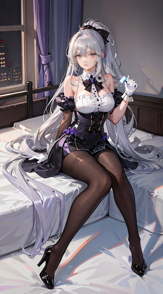 (Enrich the picture,Masterpiece level quality)Beautiful 8K CG artwork,morgan le fay (fate), blue eyes, Long Hair, pony tail,Very long hair, big boob, black bow, looking at viewer, gown, Hair Bow, thights, thights, black dress, Bangs, side locks, French braid, grey hair,Goddess-like posture,Kneeling exercise,Slim and soft,Translucent skin,big breasts,(((solo))),lying on your back,leg extension,m legs,Look at the viewer,expression to the top,on bed,