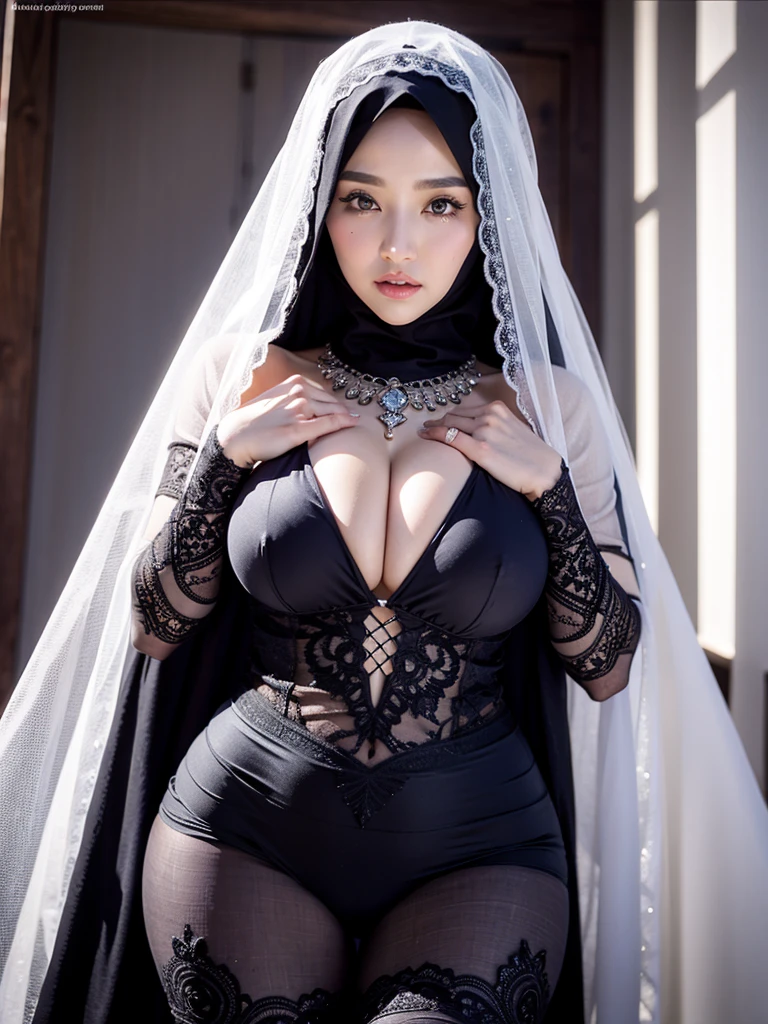 4K, high quality, nice lighting, soft lighting, realistic, dark eyes, sexy, big breasts, thighs, wide hips, malaysian dress, long sleeve, Jewelry, wearing rings for woman, sexy lady, asian, long Scarf hijab, girl in niqab, sexy pose, showing big thighs, nice body, natural largest breast covered with hijab, in office, wearing niqab, sexy posing, realistic veil hijab