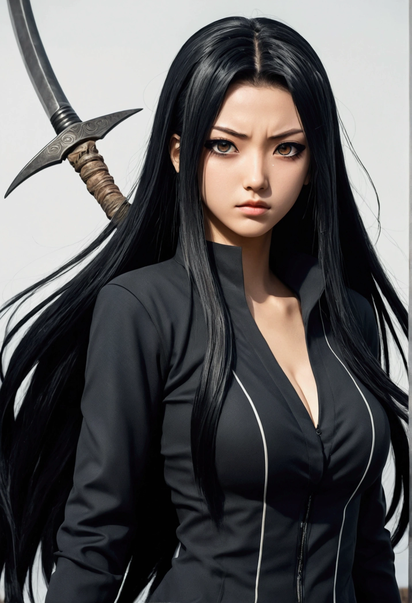 Anime girl with long black hair, black eyes an clam expression with a scythe. In the Naruto universe