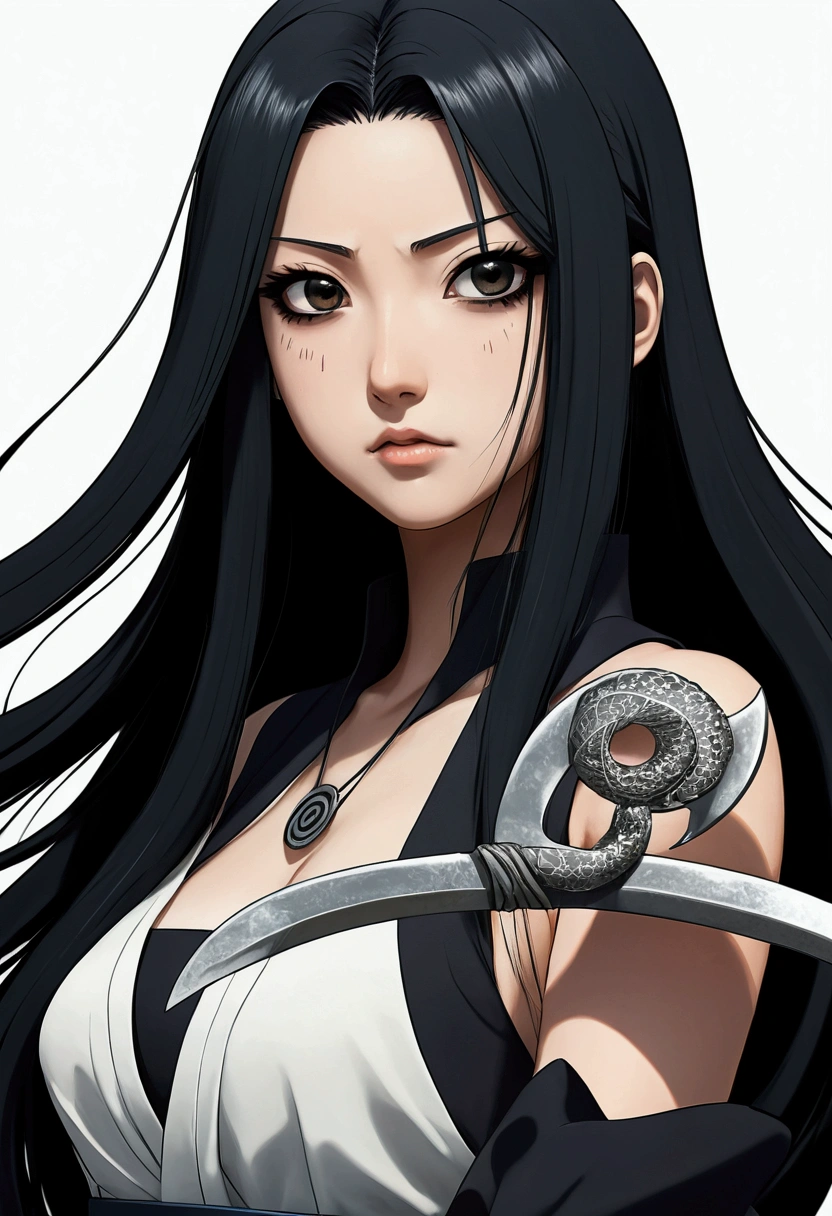 Anime girl with long black hair, black eyes an clam expression with a scythe. In the Naruto universe