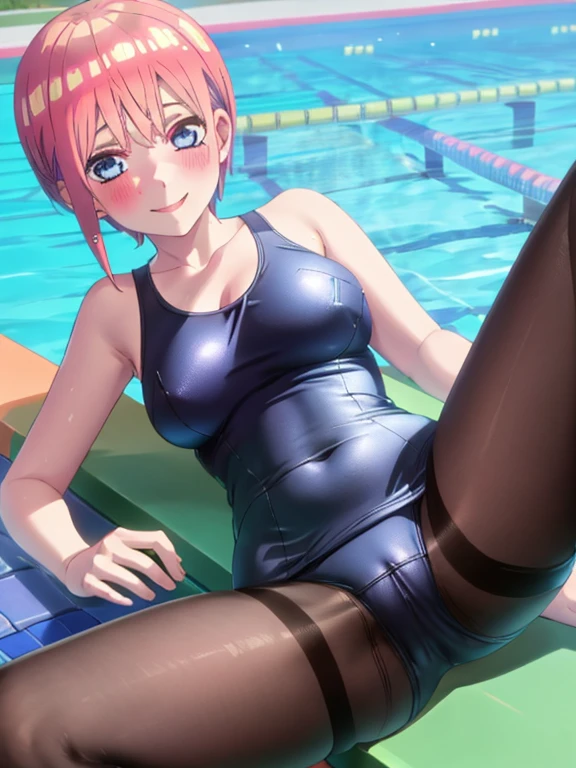 best quality, insanely detailed, ichika nakano, one-piece swimsuit, breasts, blush, swimming pool background, smile, pantyhose, open legs, pussy