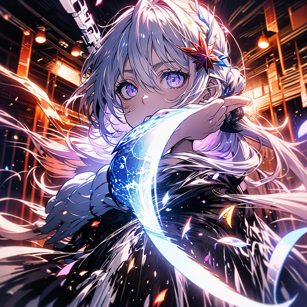 Red and white hair ((Small Black Wing))
pendant Shiny earrings Flowing hair Bathed in light
(Purple and dark Bule Light)
((Dark side Sad and Insanity faice ))
Shadow Aura Dark Eyes Confetti Particles of light (Eyes Shine Purple Red)
(((Big Fullmoon )))
Catch the wind Light