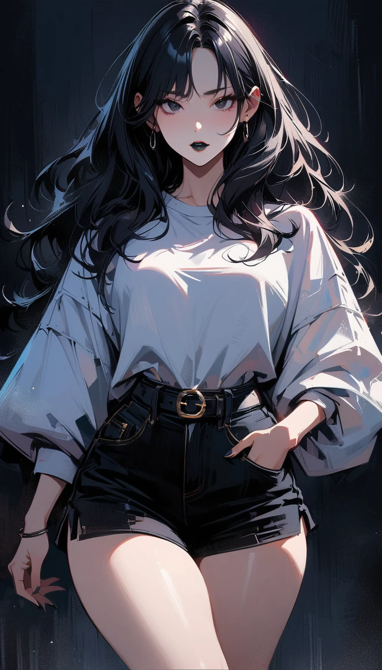 (high quality, 8k, 4K, high contrast, artwork:1.2, high quality, best aesthetics), (centered), ((1 woman)), erotic, sensual, mature body, super detailed, beautiful face detailed, beautiful eyes detailed, detailed beautiful mouth, perfect breats, perfect wide thighs, (long wavy black hair), (black eyes), (serious expression), (piercing gaze), (looking at viewer), (black lipstick), (casual clothes), (front view)