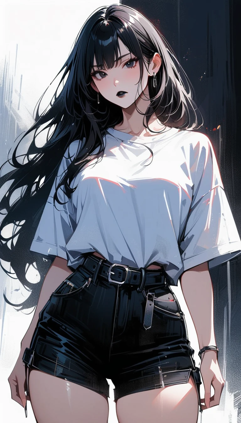 (high quality, 8k, 4K, high contrast, artwork:1.2, high quality, best aesthetics), (centered), ((1 woman)), erotic, sensual, mature body, super detailed, beautiful face detailed, beautiful eyes detailed, detailed beautiful mouth, perfect breats, perfect wide thighs, (long wavy black hair), (black eyes), (serious expression), (piercing gaze), (looking at viewer), (black lipstick), (casual clothes), (front view)