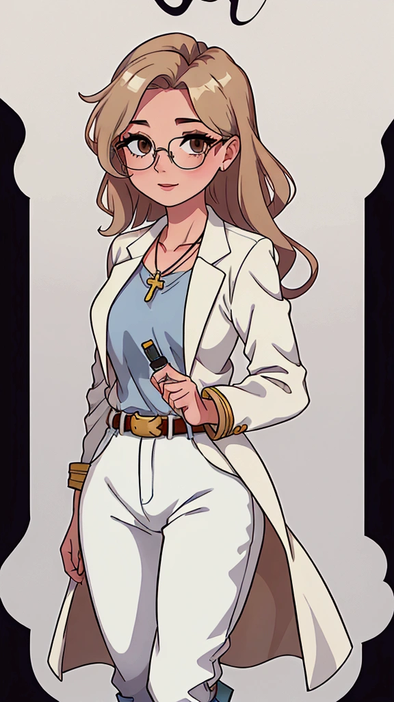 Create a character named Olivia, a 20-year-old aromatherapist specializing in essential oils, white. golden blonde with wavy hair. side hairstyle, at shoulder height, Brown eyes , wears round brown glasses, she is gentle and delicate, wears a light blue shirt, blue jeans with a brown belt and a white long-sleeved doctor's coat. she has a golden wedding ring on her left ring finger and wears a necklace with a golden crucifix. make her look at the camera, com fundo branco.