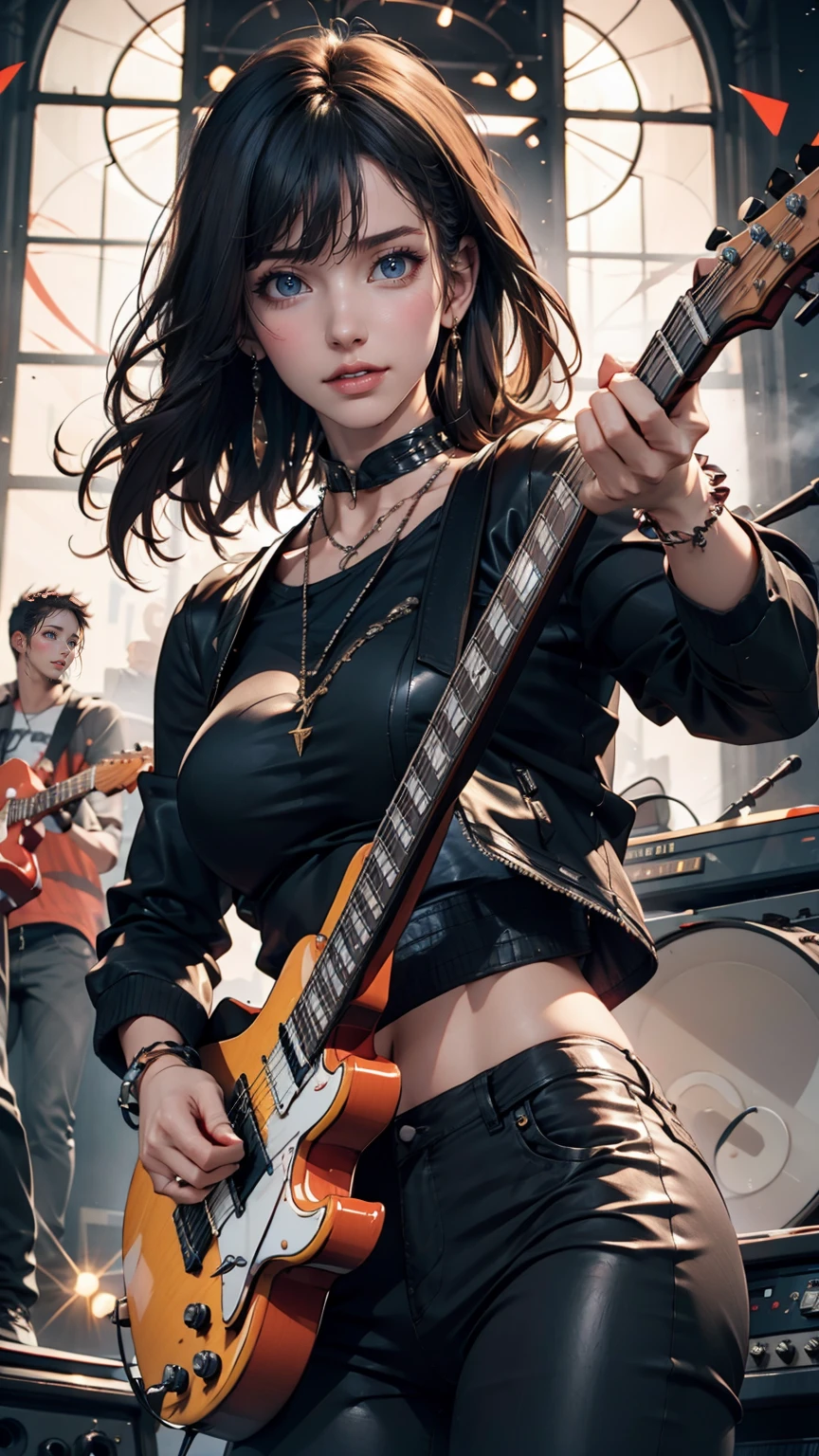 Girl wearing a spiked collar、24 year old Caucasian female、Sexy proportions、Punk rock fashion、Black Shirt、Leather jacket、Leather leggings、Flashy makeup、long hair、rosary necklace、rosary earrings、Put a spiked bracelet on your wrist、Rock Festival Venues、Go on stage and sing passionately、Electric guitar playing、Lively performances、Colorful spotlight effects