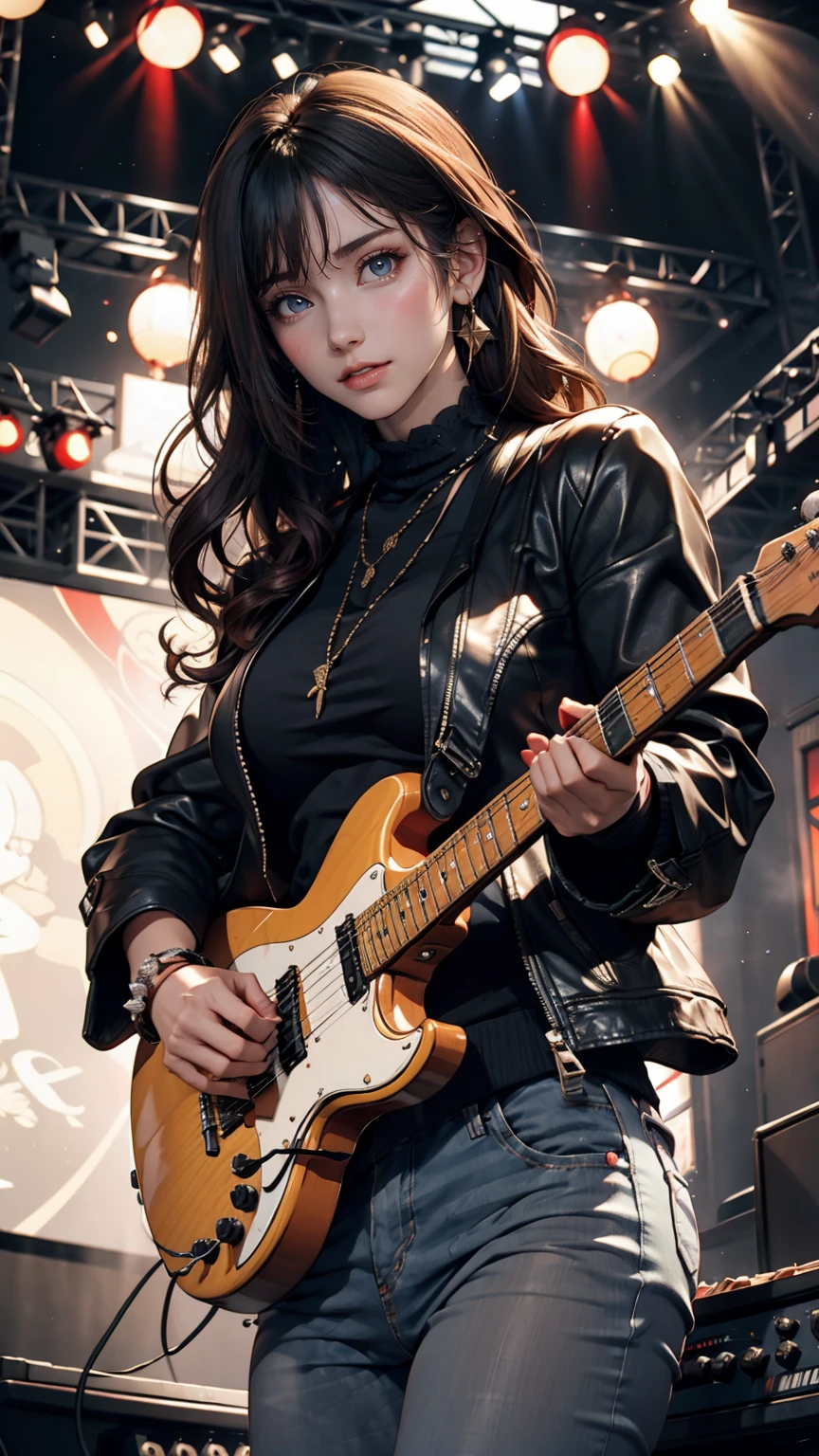 Girl wearing a spiked collar、24 year old Caucasian female、Sexy proportions、Punk rock fashion、Black Shirt、Leather jacket、Leather leggings、Flashy makeup、long hair、rosary necklace、rosary earrings、Put a spiked bracelet on your wrist、Rock Festival Venues、Go on stage and sing passionately、Electric guitar playing、Lively performances、Colorful spotlight effects