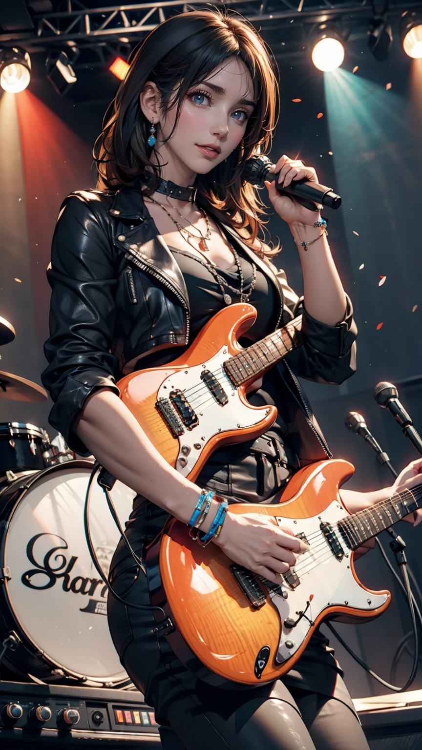 Girl wearing a spiked collar、24 year old Caucasian female、Sexy proportions、Punk rock fashion、Black Shirt、Leather jacket、Leather leggings、Flashy makeup、long hair、rosary necklace、rosary earrings、Put a spiked bracelet on your wrist、Rock Festival Venues、Go on stage and sing passionately、Electric guitar playing、Lively performances、Colorful spotlight effects