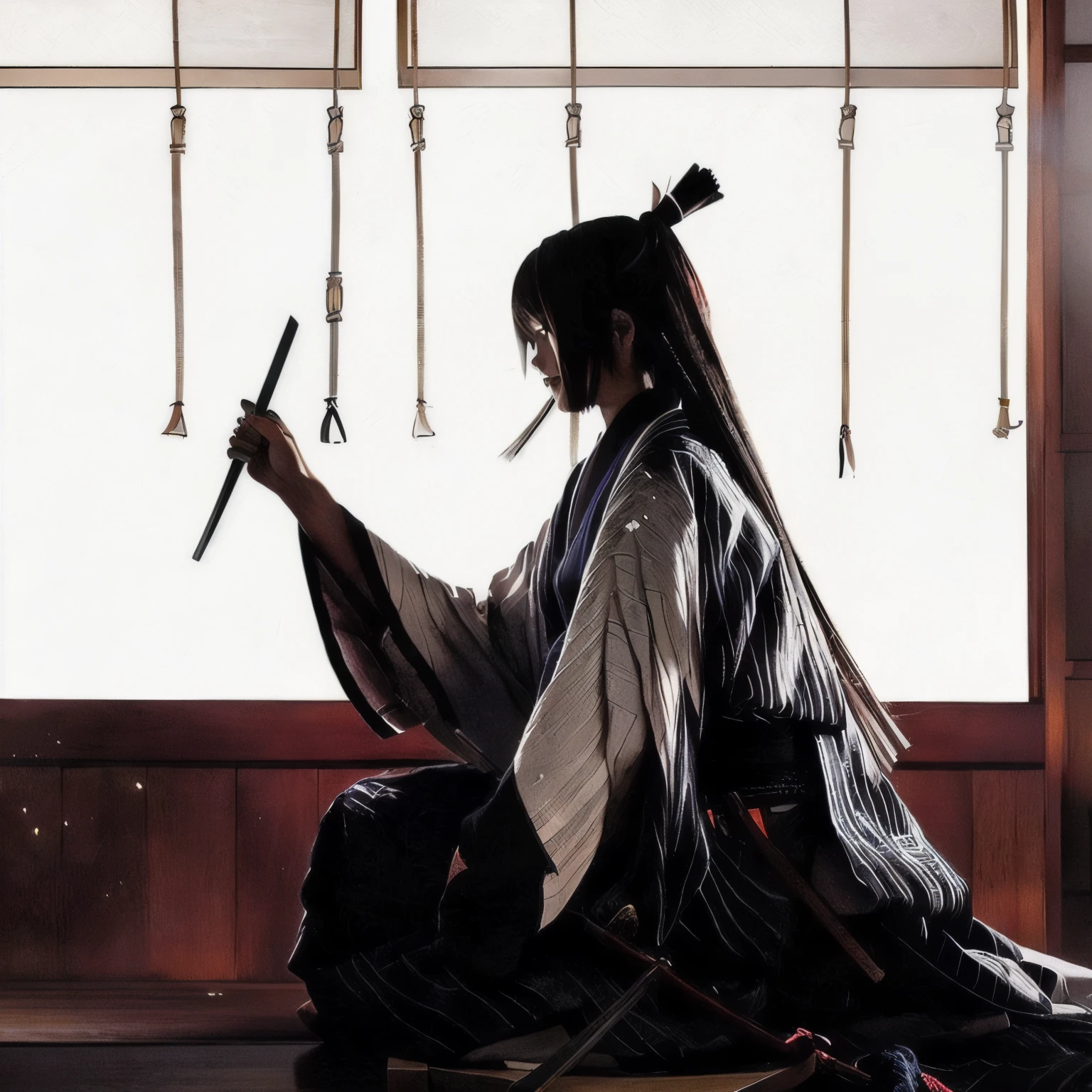 there is a woman sitting on a bed holding a knife, from kenshin, rurouni kenshin, shinigami, feudal japan art, she is holding a katana sword, haibane renmei, inspired by Kanō Hōgai, afro samurai style, daoist, shikanosuke yagaki, realistic