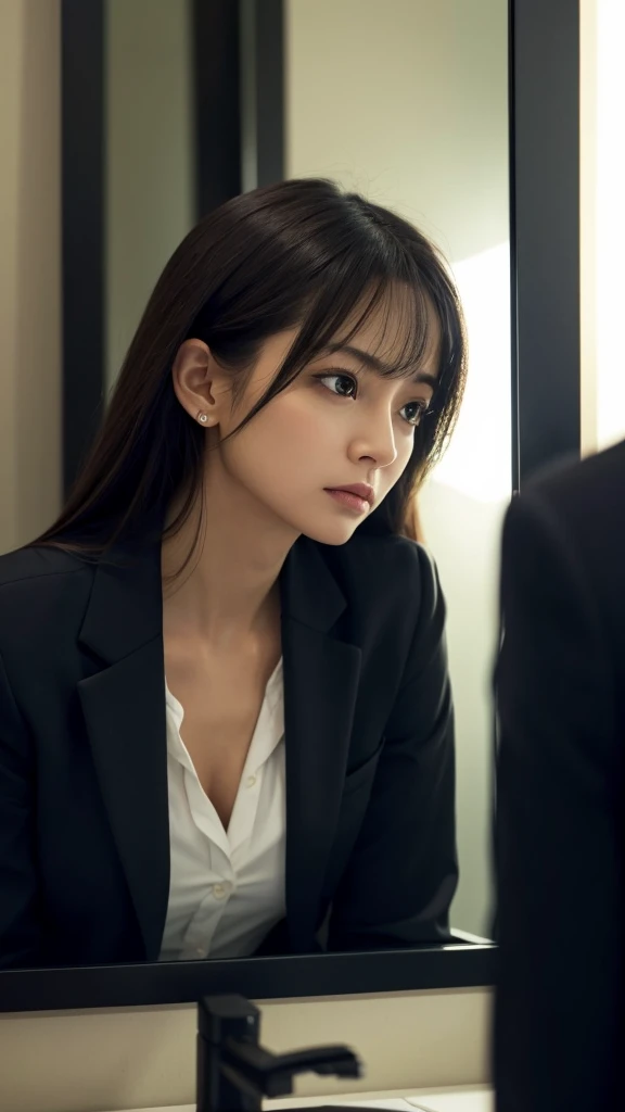 The image shows、Picture a career woman reflected in a mirror in low light.。She has an anxious look on her face.、Frowning and staring into the mirror。She is wearing a chic business suit、I don't have anything at hand。From the reflection in the mirror、The dark walls of the room and the little bits of the room's interior are reflected in the photo.。Lighting is very dim、The dim light cast a shadow on her face、It creates a quiet and ominous atmosphere in the room.。