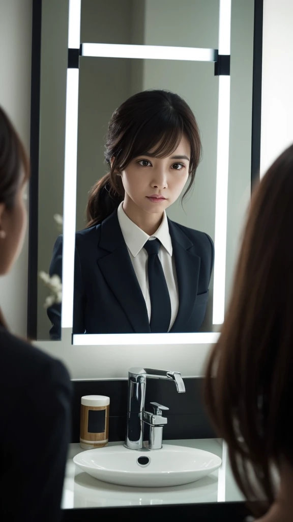 The image shows、Picture a career woman reflected in a mirror in low light.。She has an anxious look on her face.、Frowning and staring into the mirror。She is wearing a chic business suit、I don't have anything at hand。From the reflection in the mirror、The dark walls of the room and the little bits of the room's interior are reflected in the photo.。Lighting is very dim、The dim light cast a shadow on her face、It creates a quiet and ominous atmosphere in the room.。