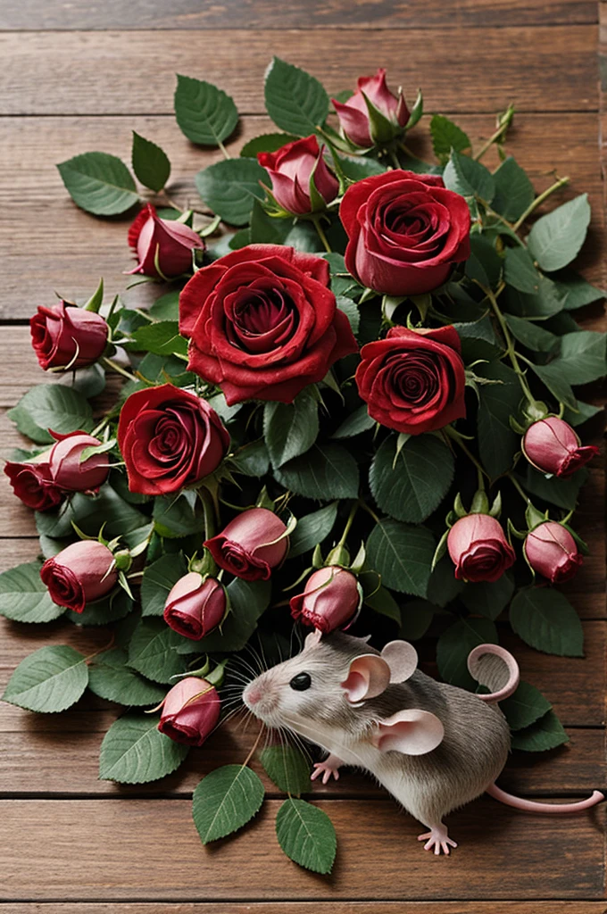 A mouse cutting roses