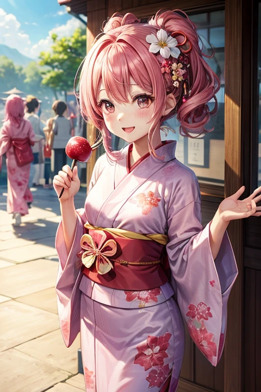 A woman wearing a yukata,hair_pink,Medium Hair,お団子のhair型,hair飾り,巻きhair,pinkの目,pinkの浴衣_Floral,laughing,Mouth wide open,A very happy smile,Happy look,I have apple candy,Summer festival,firework,blush,Small ,,clear,,flat chest