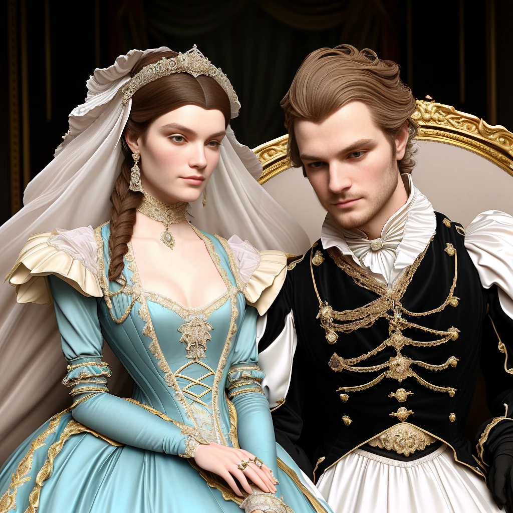 there are two 3d people dressed in costumes and tiables, imperial royal elegant clothing, wearing fantasy formal clothing, gothic regal, both wearing victorian clothes, rococo queen, royal elegant pose, gregoire and manon, aristocratic clothing, aristocratic appearance, an elegant couple, bussiere and roberto ferri, rococo fashion, delicate androgynous prince