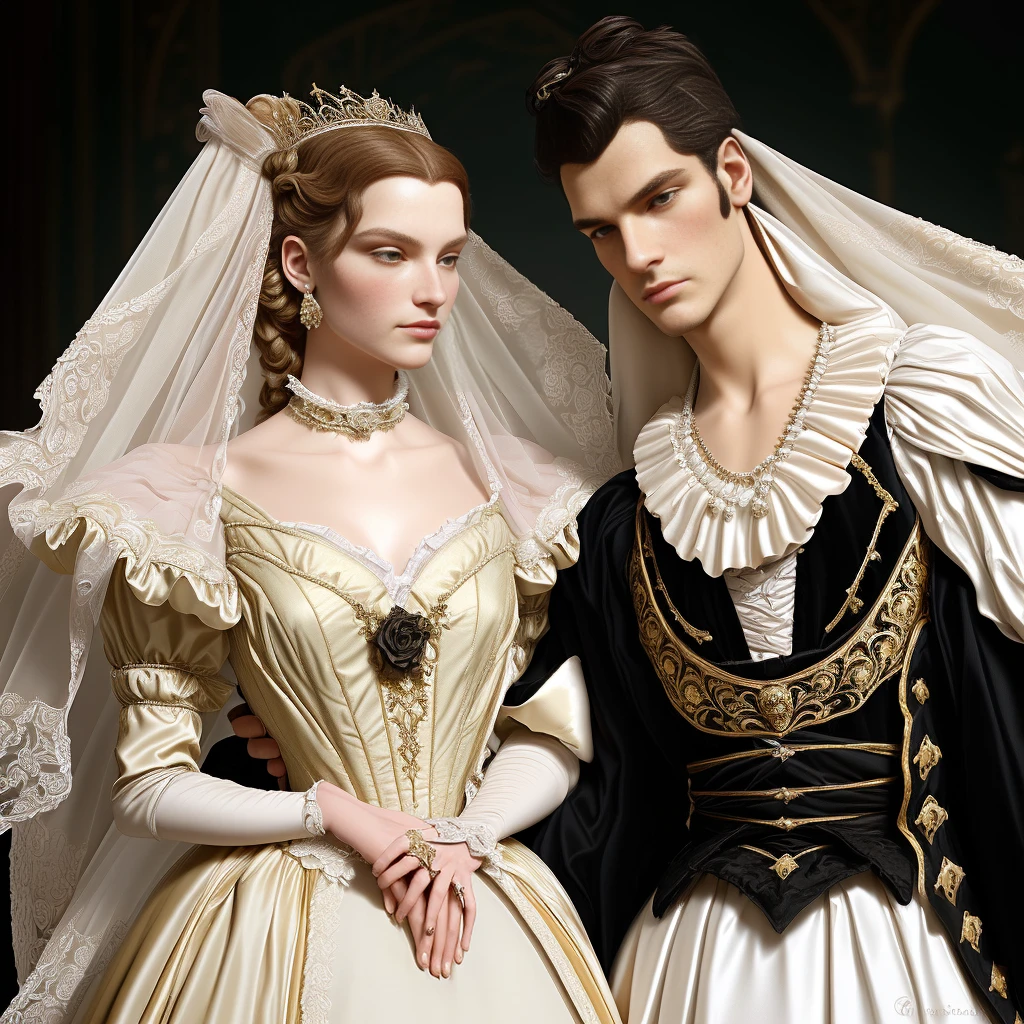 there are two 3d people dressed in costumes and tiables, imperial royal elegant clothing, wearing fantasy formal clothing, gothic regal, both wearing victorian clothes, rococo queen, royal elegant pose, gregoire and manon, aristocratic clothing, aristocratic appearance, an elegant couple, bussiere and roberto ferri, rococo fashion, delicate androgynous prince