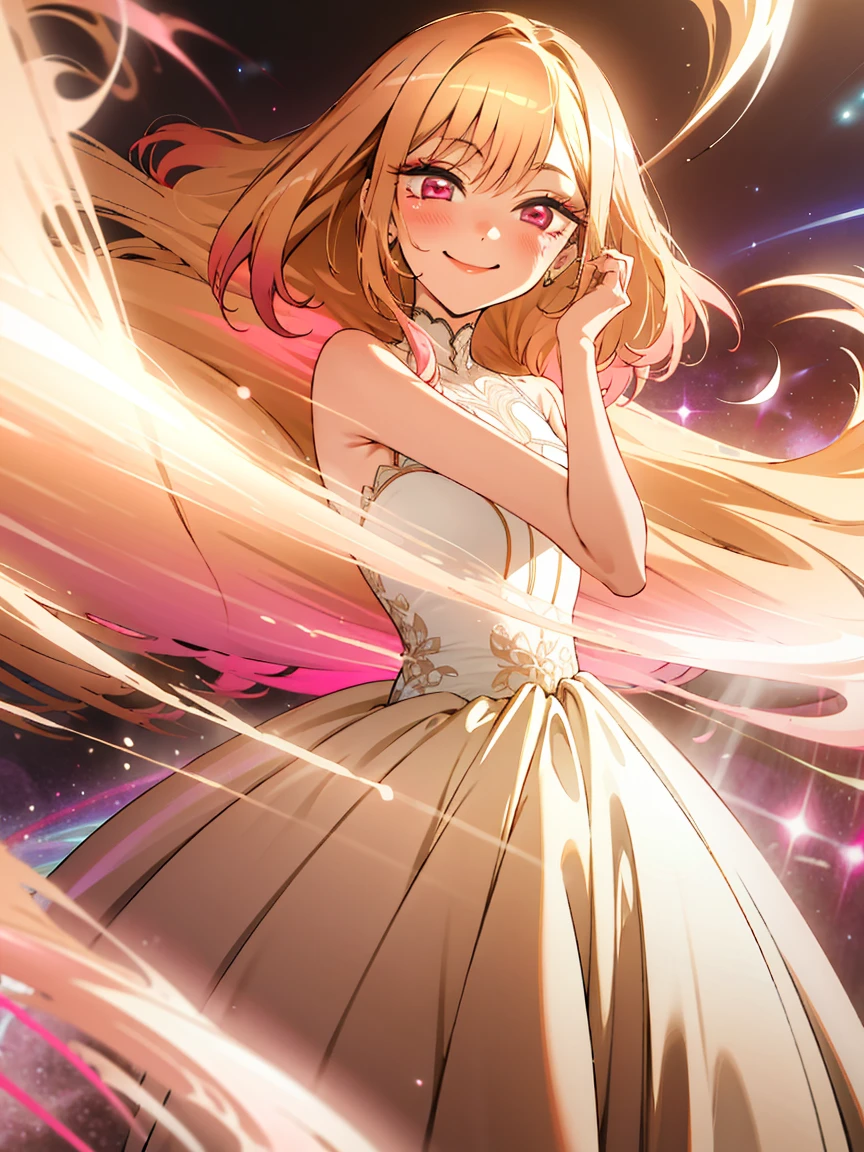 bioluminescent shiny glow, beautiful girl in flowing ballgown dress, galaxy style dress, galaxy glow, sparkling, ethereal, fluffy flowing hair, silky glistening ash hair with pink ends , marin kitagawa, pink eye, smile, sweet lovely face, cheery, seductive