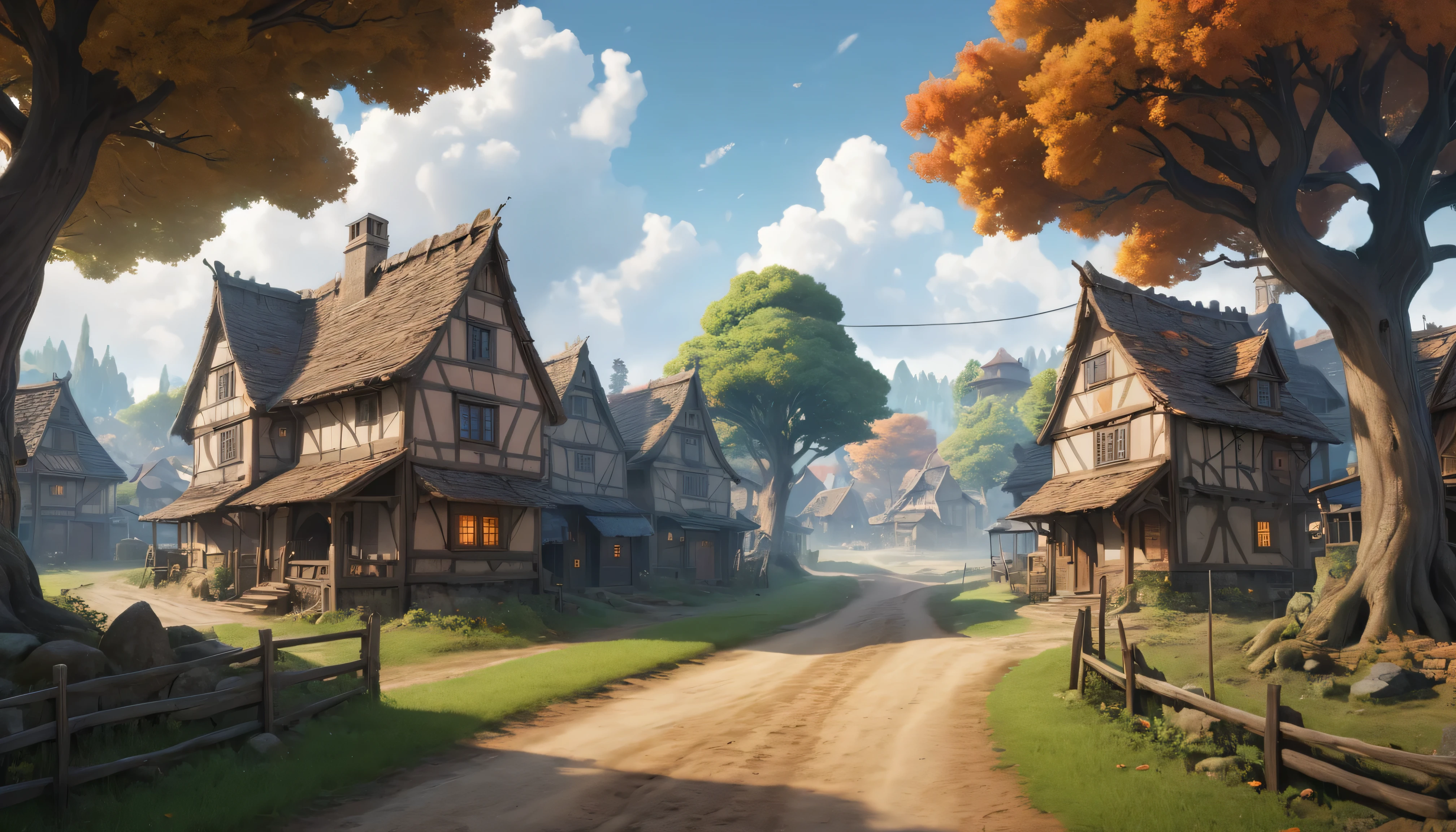 (anime, fantasy, village), (detailed CG unity 8k wallpaper, masterpiece, best quality, ultra-detailed, HDR:1.2), vibrant colors, intricate, high FXAA, medieval village, cluster of houses, oak house, dirt road, small trees, wide angle shot, cinematic composition, volumetric fog, dynamic lighting