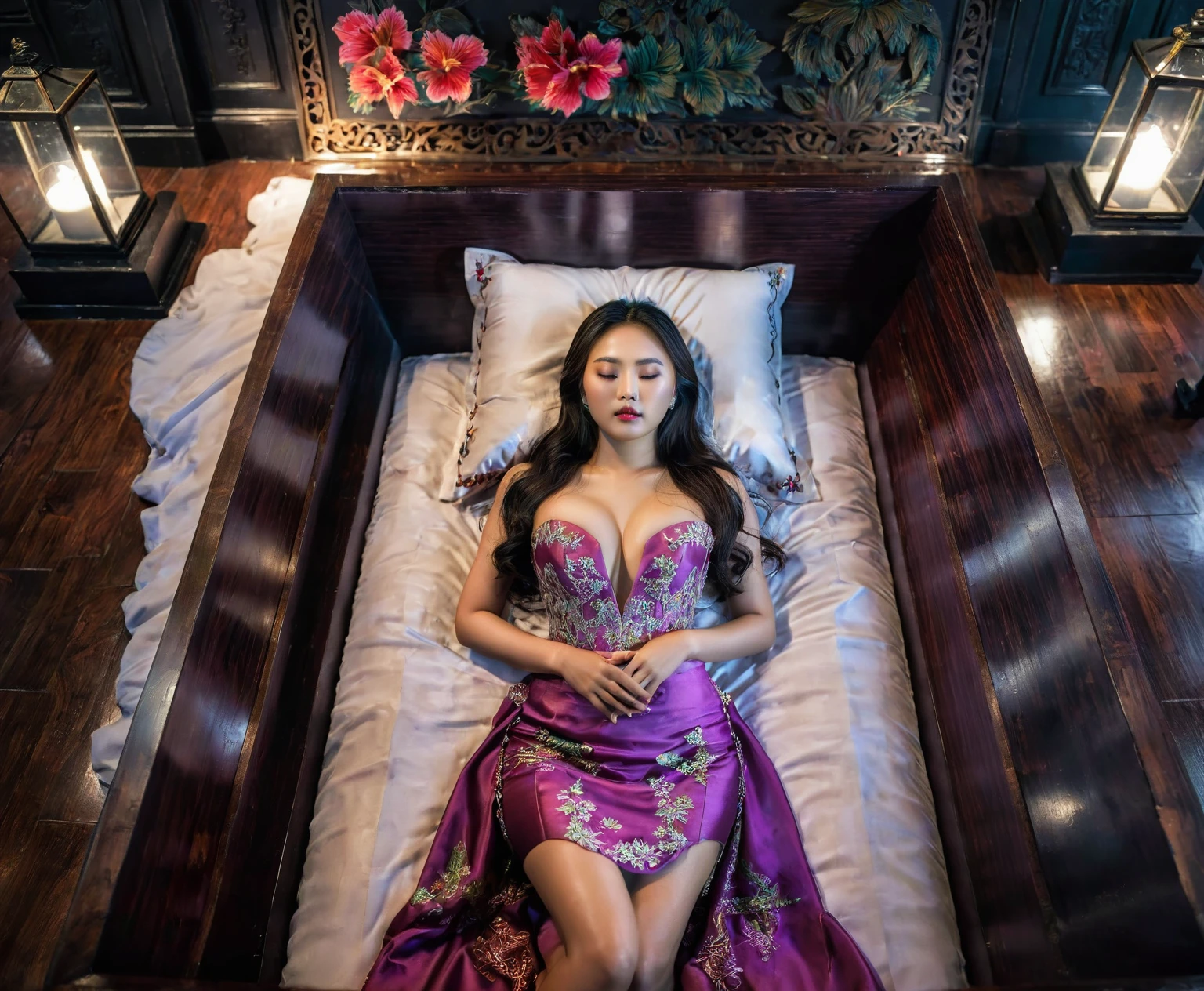 In a striking 8K HDR scene, a stunning Korean woman, 22 years old, lies peacefully in a coffin and coffin cover surrounded by plush pillows behind head. The deep box is set against a rich black background, accentuating the beauty of the subject. Her exquisite deep-V neckline kebaya attire is embroidered with superb detail, showcasing her round and firm breasts, perfect cleavage, and beautiful eyebrows. Her closed eyes and mouth give an air of serenity, while her visible and absolute cleavage leave nothing to imagination. The scene is bathed in saturated colors, highlighting every intricate aspect from the ball skirt to her clean face, straight body, detailed hand perfect hands, straight body, own hands together, own hand on stomach, detailed hands, perfect hands, holding the flowers, waring high heels