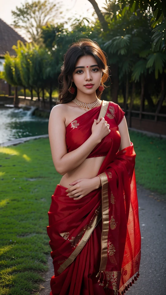 (((desi girl))), chubby face, natural skin, wearing red bridal saree, charming black hair, ((hair ends are blonde)), greenary village background, big ,bokeh