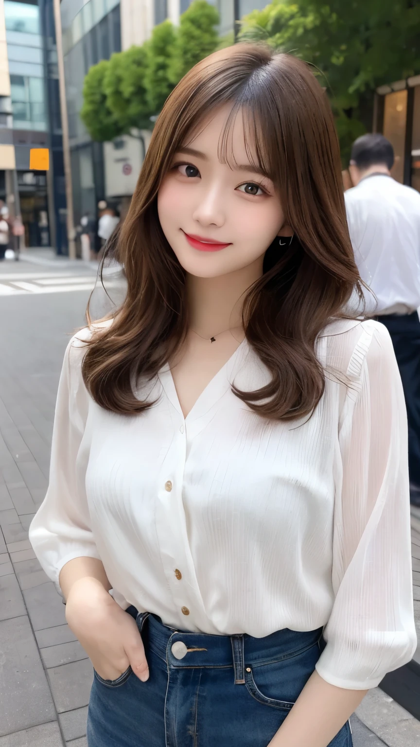 masterpiece, best quality, illustration, ultra-detailed, finely detailed, high resolution, 8K wallpaper, perfect dynamic composition, beautiful detailed eyes, summer blouse setup clothes, medium hair, small breasts, natural color lips, bold sexy poses, smile, Harajuku, 18 years old girl, cute, sexy shot, looking at camera