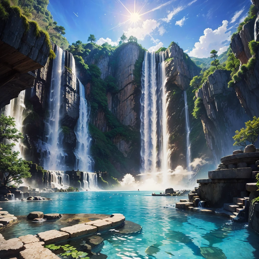 Best Quality,hot spring,Super huge open-air bath,Floating in the air,Different world,masterpiece,Dream world,mysterious,Huge waterfall,8K,Anime Art,romantic,Amazing view,