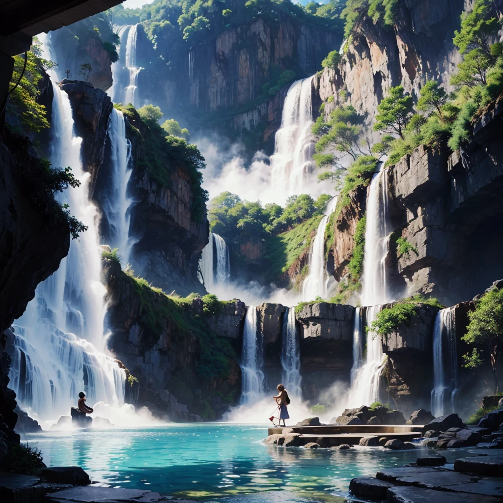 Best Quality，hot spring，Super huge open-air bath，Floating in the air，Different world，masterpiece，Dream world，mysterious，Huge waterfall，8K，Anime Art，romantic，Amazing view，