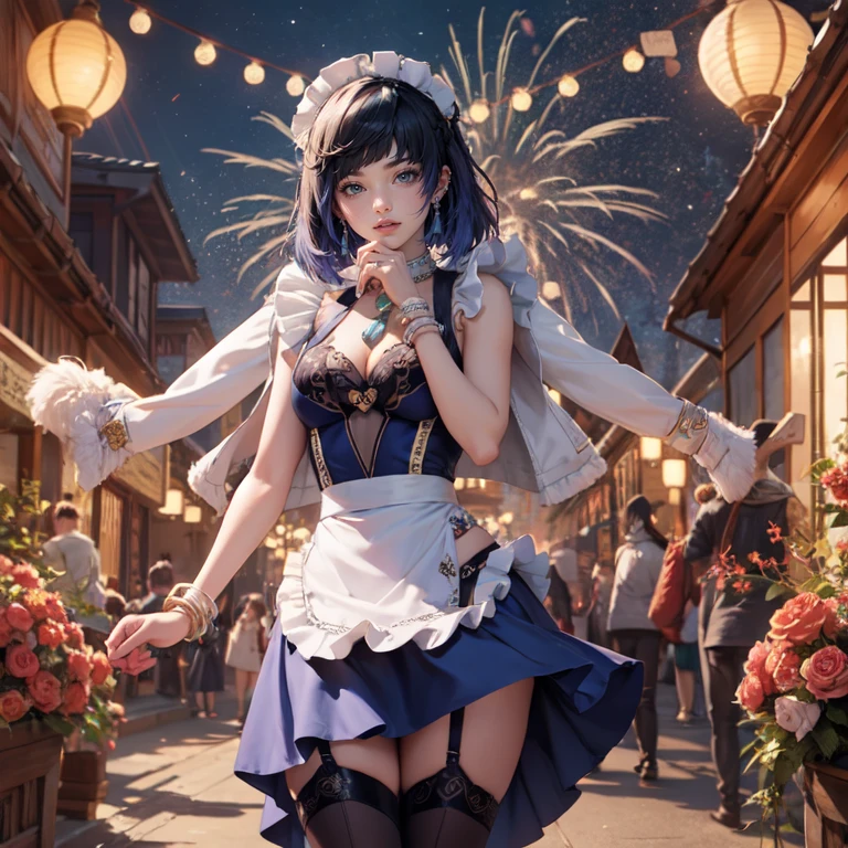 1girl, white roses, ornament hair, white roses on her hair, perfectly body, perfectly hands, navy hair, short hair, wave hair, ornament hair, chinese lanterns, festival with fireworks, garden scenery, Looking at the viewer, flowing hair, Beautiful Eyes, Plump and glossy lips, maid, maid dress, maid headdress, maid apron, white dress with too many frills, navy dress, navy laces, navy Short skirt, Drape clothes, navy gem, frills, temple, luxury details, gold jewelry, more details, best quality, Big sparkling eyes, blushing, navy Striped Lace Stockings, navy Lolita skirt, sparkle, solo, centered girl, cowboy shot, perfectly body, perfectly hands, two arms, two legs, two hands, five fingers, shrine, chinese temple, perfect anatomy, glowing hair, white roses, maid, maid dress, dress, solo, flowing hair, floating hair, ornament hair, perfectly body, perfectly hands, on the shrine, sparkles, more details on her clothes, white dress with transparency, golden details on her dress, night, temple, Best quality, cleavage, small skirt, full Body, two arms, two legs, two hands, five fingers