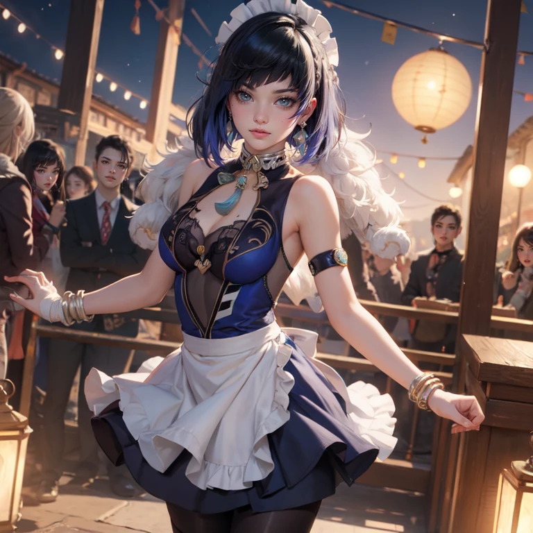 1girl, white roses, ornament hair, white roses on her hair, perfectly body, perfectly hands, navy hair, short hair, wave hair, ornament hair, chinese lanterns, festival with fireworks, garden scenery, Looking at the viewer, flowing hair, Beautiful Eyes, Plump and glossy lips, maid, maid dress, maid headdress, maid apron, white dress with too many frills, navy dress, navy laces, navy Short skirt, Drape clothes, navy gem, frills, temple, luxury details, gold jewelry, more details, best quality, Big sparkling eyes, blushing, navy Striped Lace Stockings, navy Lolita skirt, sparkle, solo, centered girl, cowboy shot, perfectly body, perfectly hands, two arms, two legs, two hands, five fingers, shrine, chinese temple, perfect anatomy, glowing hair, white roses, maid, maid dress, dress, solo, flowing hair, floating hair, ornament hair, perfectly body, perfectly hands, on the shrine, sparkles, more details on her clothes, white dress with transparency, golden details on her dress, night, temple, Best quality, cleavage, small skirt, full Body, two arms, two legs, two hands, five fingers