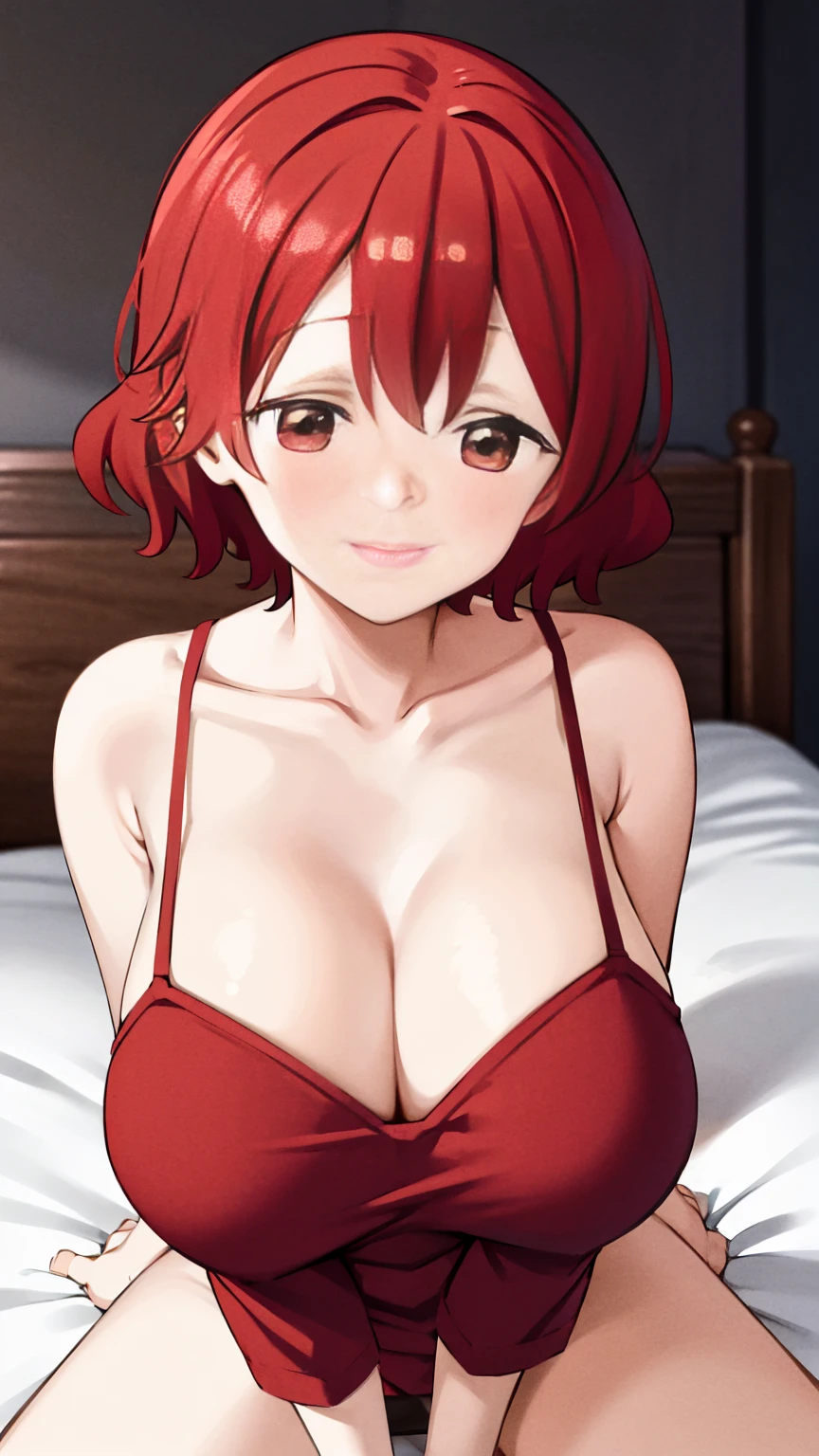 Solo, 1girl, red hair, short hair, red eyes, large ample breast, cleavage, collarbone, fully body, blushing, embarrassed, pov sex, presents vagina, large penis, morning, white sheets, bed, looking up at viewer, nsfw, happy, smile,