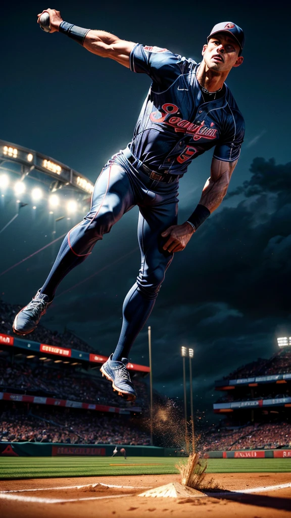 a middle-aged baseball team, outfielder diving to catch a ball that looks like it will be a home run, detailed muscular male body, intense facial expression, dramatic action pose, dynamic motion blur, vibrant sports stadium environment, dramatic lighting, cinematic composition, realistic textures, (best quality,4k,8k,highres,masterpiece:1.2),ultra-detailed,(realistic,photorealistic,photo-realistic:1.37),sports photography,dynamic action scene,dramatic lighting,cinematic composition