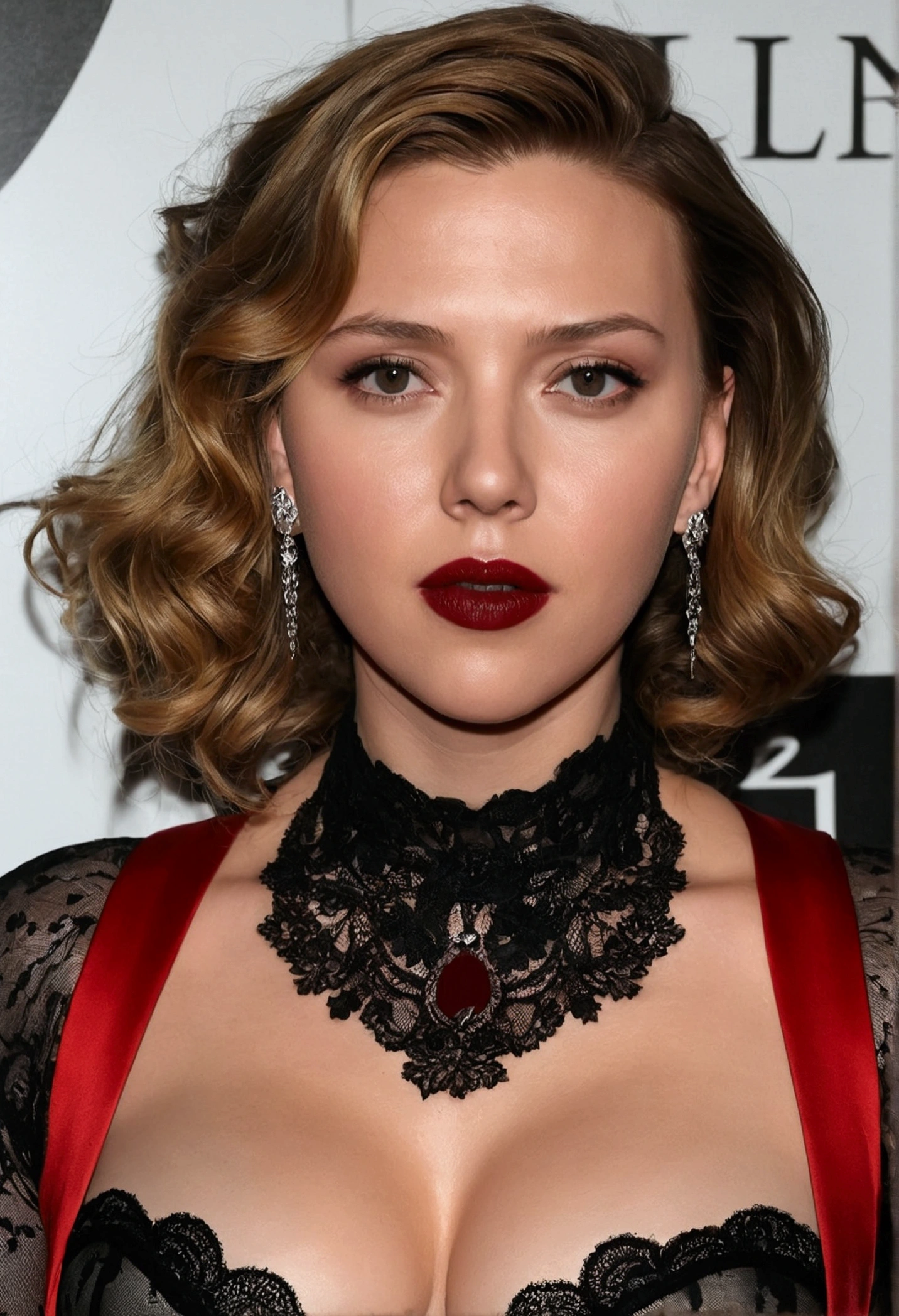I want Scarlett Johanson to be naked with big tits and sheer red lace stockings and sexy black lipstick