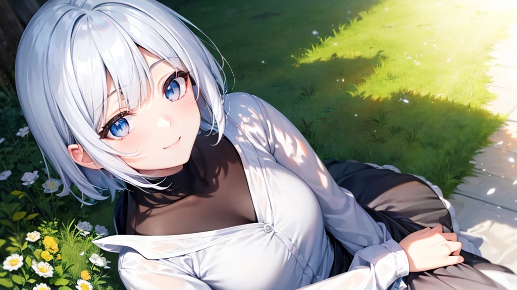 Ultra HD,Look at the viewers, Put your hands behind your back, With a girl, 20-year-old, 非常にShort Hair, Long bangs between the eyes, Pale blue eyes, Very detailed,(masterpiece、Highest quality),Gray Hair、Laughter、Fantastic, Silver Hair, Iris, Short hair、 Fluttering Hair、Small Face、明るいsmile、(Detailed face) ,Professional Lighting,Wonderful landscape,blue sky, sunlight,Looking down from above,Portraiture、Open your mouth、Flower Field、Her eyes were shining、Mysterious and enchanting atmosphere。With AI Painting、とてもShort Hair, Long bangs between the eyes, Very detailed,(masterpiece、Highest quality)、alone、Gray Hair、Fantasy, Silver Hair, Fantasyな風景、smile、Open your mouth、short hair、Short Hair、hairpin、black eye、Grey Eyes、Beautiful Eyes、Black Shirt、White hoodie