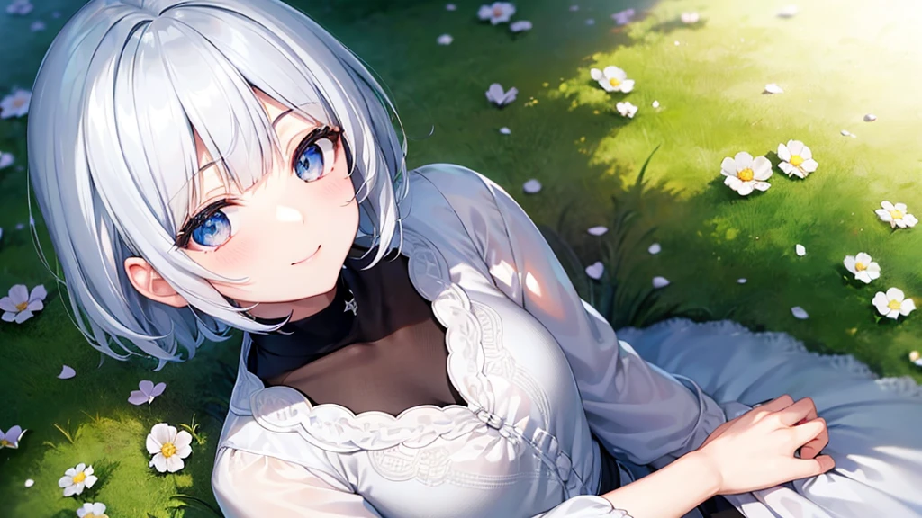 Ultra HD,Look at the viewers, Put your hands behind your back, With a girl, 20-year-old, 非常にShort Hair, Long bangs between the eyes, Pale blue eyes,  Very detailed,(masterpiece、Highest quality),Gray Hair、Laughter、Fantastic, Silver Hair, Iris,  Short hair、 Fluttering Hair、Small Face、明るいsmile、(Detailed face) ,Professional Lighting,Wonderful landscape,blue sky, sunlight,Looking down from above,Portraiture、Open your mouth、Flower Field、Her eyes were shining、Mysterious and enchanting atmosphere。With AI Painting、とてもShort Hair, Long bangs between the eyes, Very detailed,(masterpiece、Highest quality)、alone、Gray Hair、Fantasy, Silver Hair, Fantasyな風景、smile、Open your mouth、short hair、Short Hair、hairpin、black eye、Grey Eyes、Beautiful Eyes、Black Shirt、White hoodie