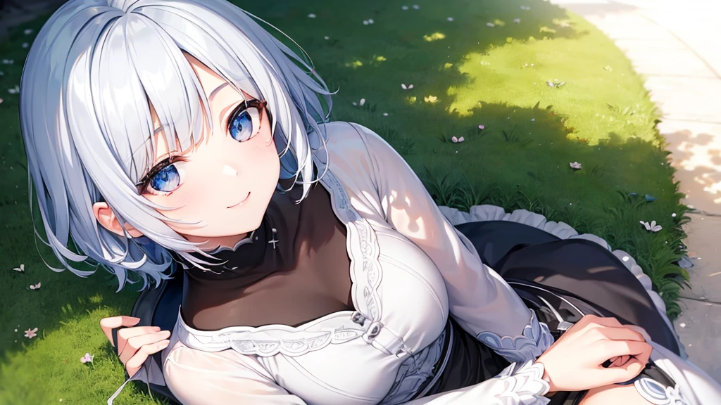 Ultra HD,Look at the viewers, Put your hands behind your back, With a girl, 20-year-old, 非常にShort Hair, Long bangs between the eyes, Pale blue eyes, Very detailed,(masterpiece、Highest quality),Gray Hair、Laughter、Fantastic, Silver Hair, Iris, Short hair、 Fluttering Hair、Small Face、明るいsmile、(Detailed face) ,Professional Lighting,Wonderful landscape,blue sky, sunlight,Looking down from above,Portraiture、Open your mouth、Flower Field、Her eyes were shining、Mysterious and enchanting atmosphere。With AI Painting、とてもShort Hair, Long bangs between the eyes, Very detailed,(masterpiece、Highest quality)、alone、Gray Hair、Fantasy, Silver Hair, Fantasyな風景、smile、Open your mouth、short hair、Short Hair、hairpin、black eye、Grey Eyes、Beautiful Eyes、Black Shirt、White hoodie