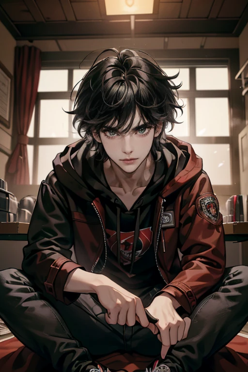 (tmasterpiece, high resolution, ultra - detailed:1.0), (1 man, nature male), 30 y4ars, Eyes looking at the camera, Perfect male body, Delicate eyes and delicate face, Extremely detailed CG, 8K wallpaper, Complicated details, solo person, Detailed face,(Red jacket, Black hoodie, wind coat, long black jeans, Red sneakers, Evil smile, Straight black hair, Messy hair, jail cell, underground room), color difference, Depth of field, dramatic shadow, Ray tracing, Best quality, Cinematic lighting, offcial art, Portrait