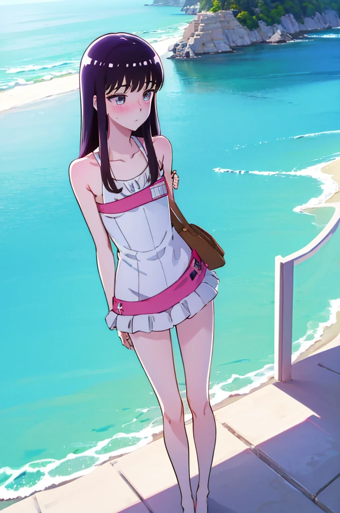 Random patterned swimsuit、Swimsuit,,Blushing、Pale brown eyes、Dark purple hair、Semi-long hair、Head to toe full body、Blushing、Embarrassed look、Composition from the front、A view from slightly below、school swimwear、Acme Face、Random pose、, 、nsfw、Highest quality、1 girl、solo、Ocean、Sandy Beach、Sexy pose、Random pose、Blushing、wet、Embarrassed、I can see half of my 、、One piece swimsuit、(Strap slip:1.3)、Swimsuit
