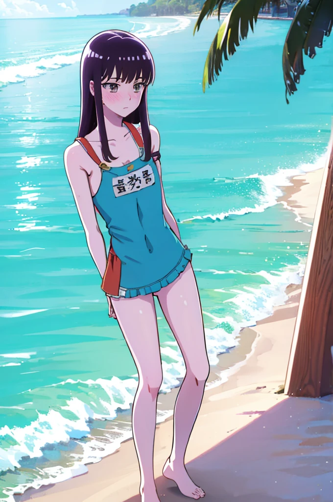 Random patterned swimsuit、Swimsuit,,Blushing、Pale brown eyes、Dark purple hair、Semi-long hair、Head to toe full body、Blushing、Embarrassed look、Composition from the front、A view from slightly below、school swimwear、Acme Face、Random pose、, 、nsfw、Highest quality、1 girl、solo、Ocean、Sandy Beach、Sexy pose、Random pose、Blushing、wet、Embarrassed、I can see half of my 、、One piece swimsuit、(Strap slip:1.3)、Swimsuit
